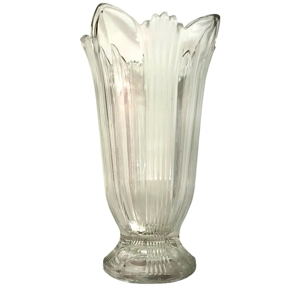 Vintage VASE Ribbed And Frosted With Floral Top Flair 8